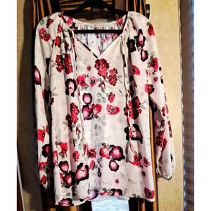 Daisy Fuentes Floral Burgandy and Magenta on White Blouse